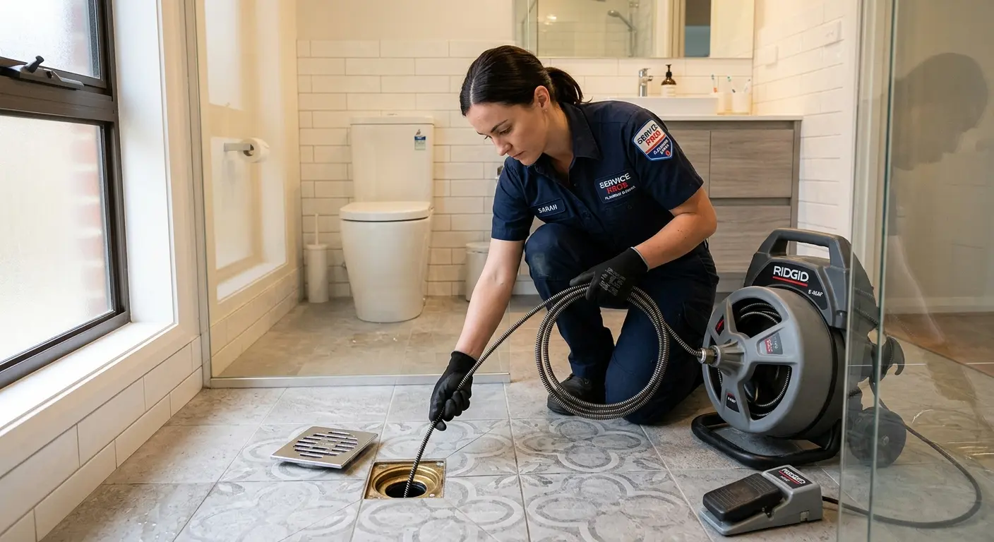 Technician clearing a bathroom floor drain for Drain Repair in Sidney